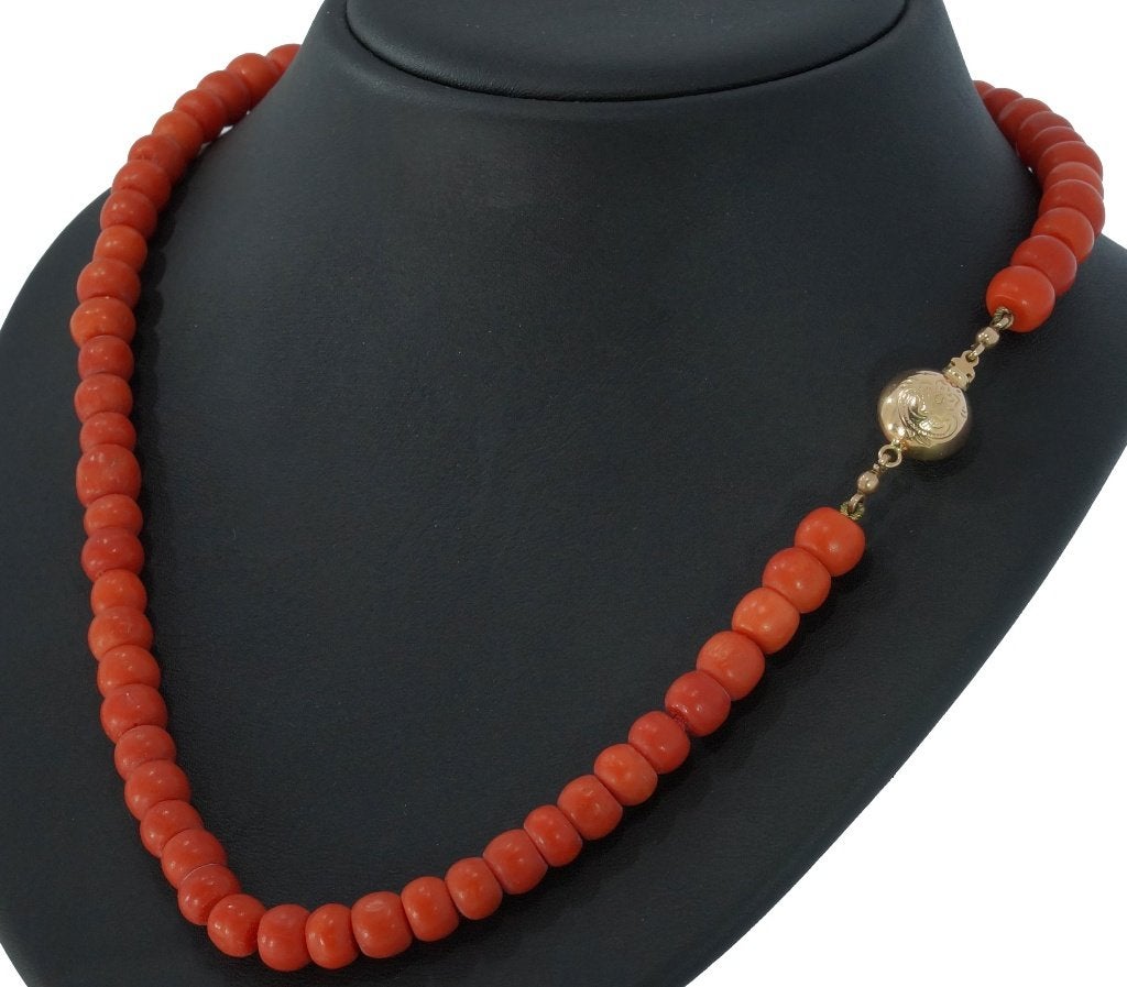 Kaasjes bloedkoraal antieke ketting 14k slot goud dame fraai, Ophalen of Verzenden, Goud, Ketting, Met edelsteen