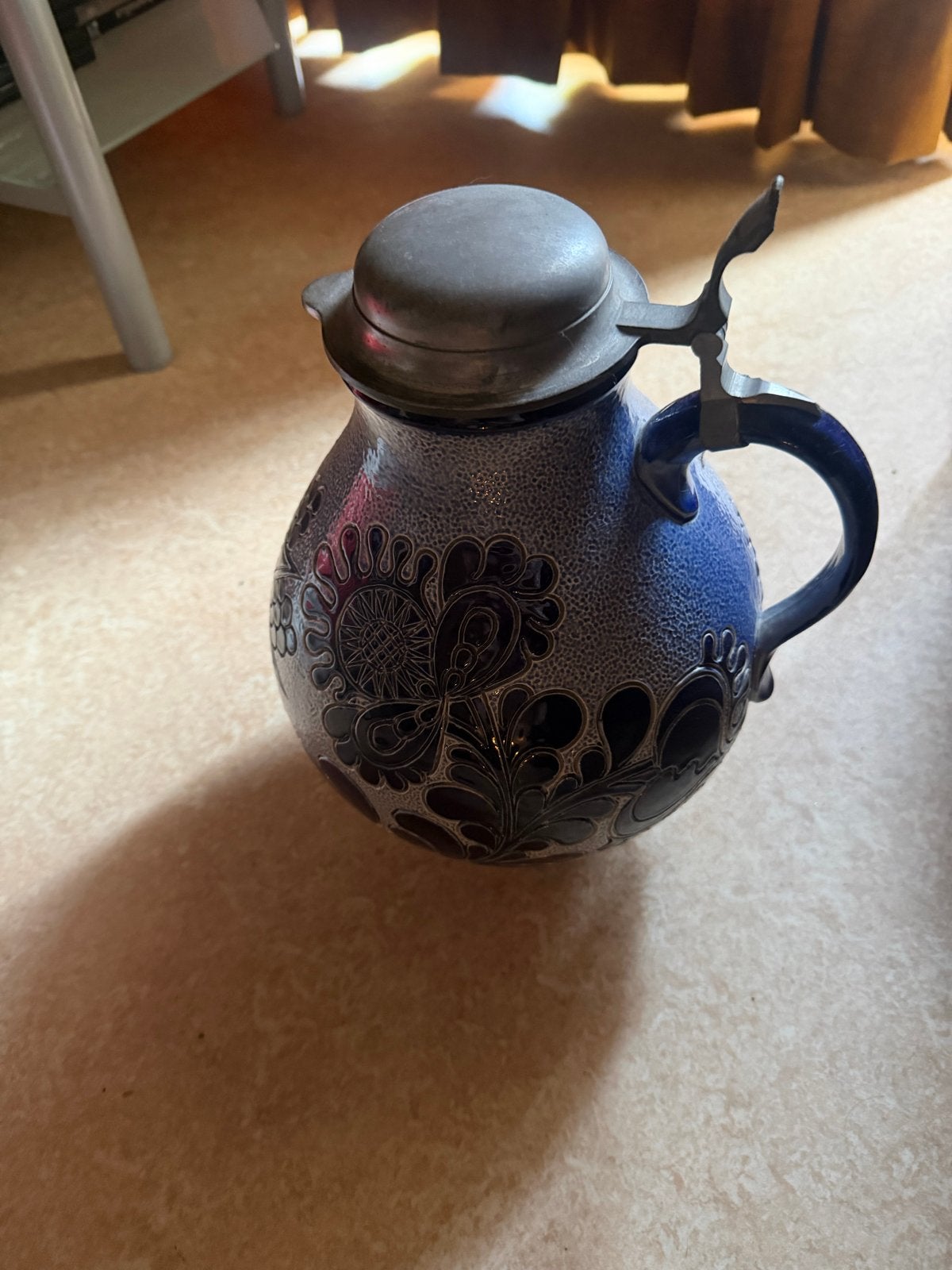 Vintage Westerwald Kruik met Tinnen Deksel, Antiek en Kunst, Ophalen