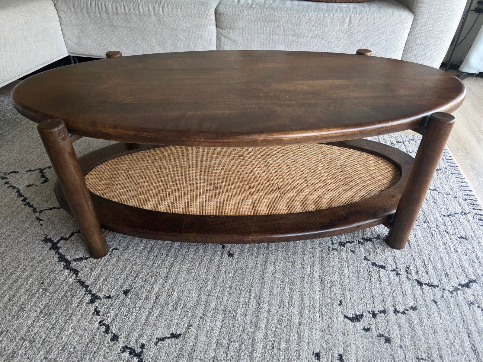 Ovale houten salontafel met rotan onderblad, Ophalen, Gebruikt, Ovaal, Overige houtsoorten