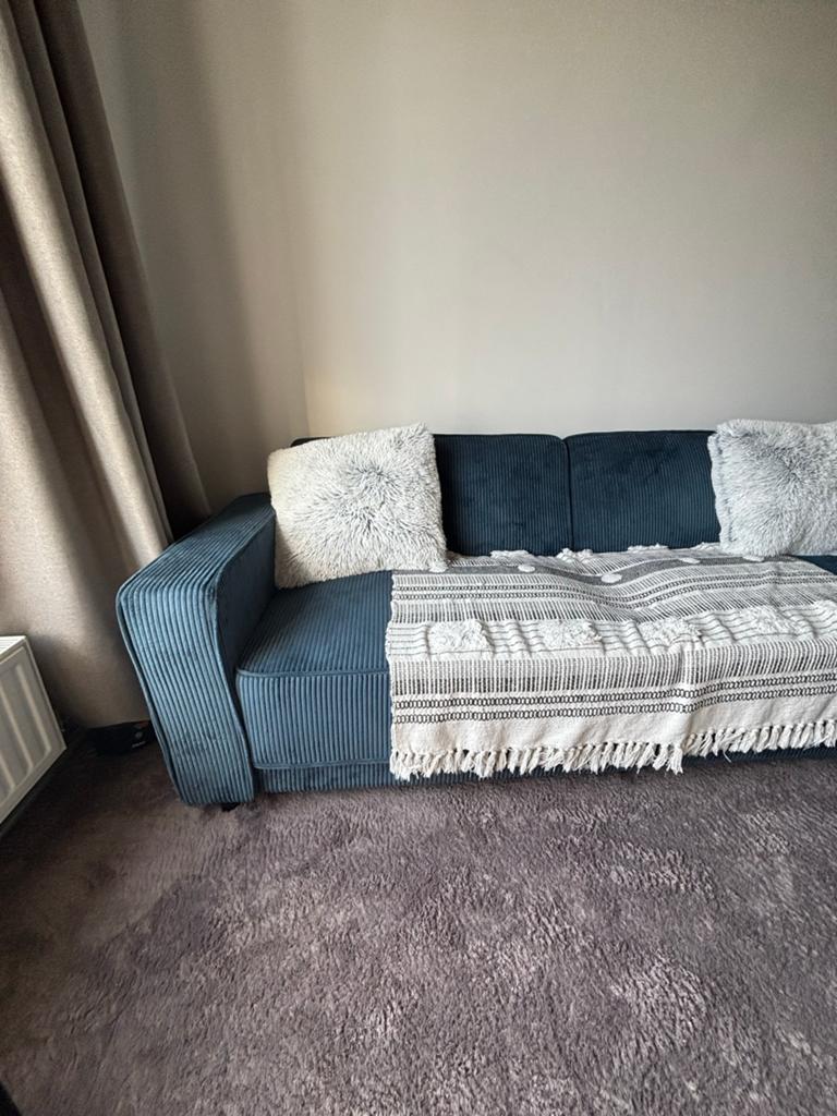 Comfortabele blauwe slaapbank - zo goed als nieuw, Ophalen, Driepersoons, 75 tot 100 cm, Zo goed als nieuw
