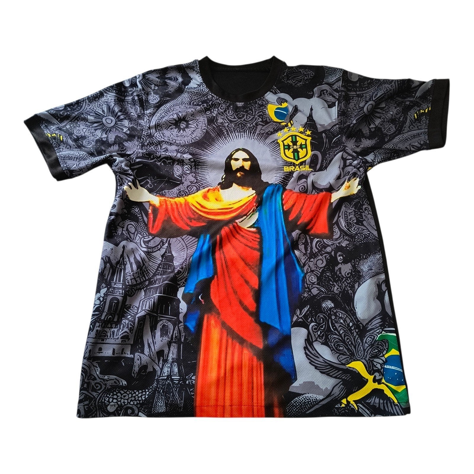 Uniek Brazilië Voetbalshirt met Jezus Print, Onbekend, Zwart, Overige maten, Ophalen of Verzenden