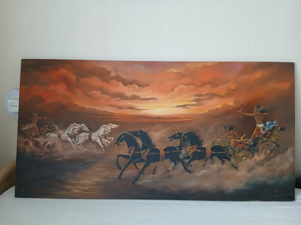 India Indonesië schilderij Krishna Arjuna strijdwagen hindoe, Antiek en Kunst, Ophalen