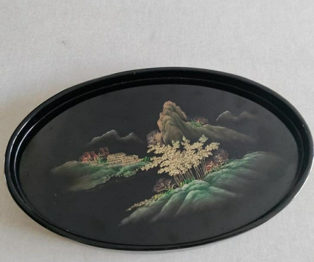 Dienblad,Japans,Handgeschilderd,Zwart,antiek,Vintage,Ovaal, Ophalen of Verzenden, Dienblad, Ovaal, Afneembaar