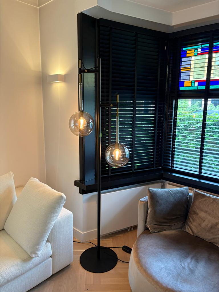 Prachtige Globe dubbele staande lamp met goud accenten, Ophalen, Zo goed als nieuw, Glas, 150 tot 200 cm
