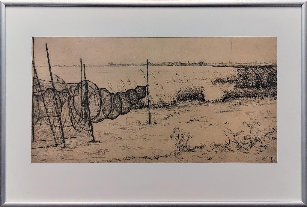 Bij Balk - Visnet - Kunstenaar: Johan Hemkes, 46 cm, Ophalen of Verzenden, Landschap, Ingelijst