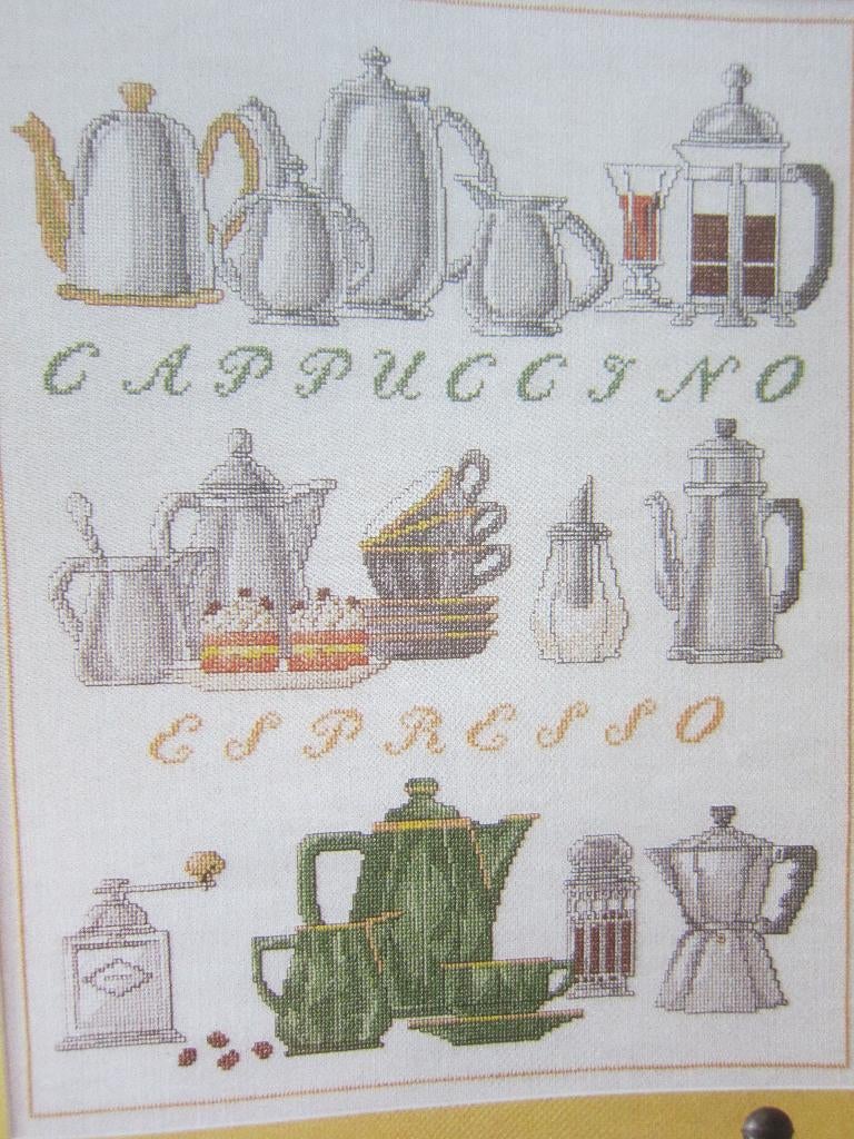 borduurpatroonen  CAPPUCCINO ESPRESSO MERKLAPPEN VARIA, Ophalen of Verzenden, Zo goed als nieuw, Handborduren, Patroon