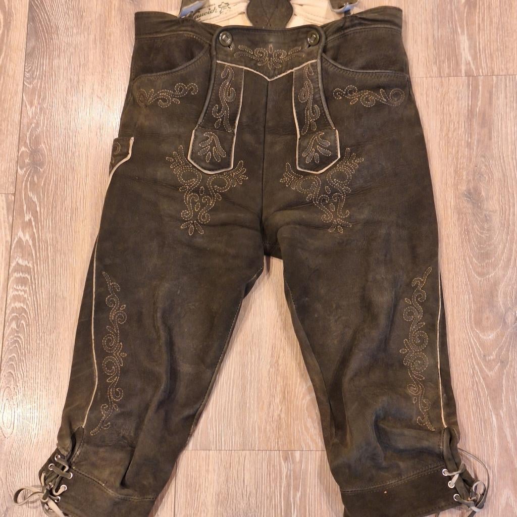 Laurich sämisch leer hertenleer lederhose, Ophalen, Gedragen, Maat 46 (S) of kleiner, Laurich