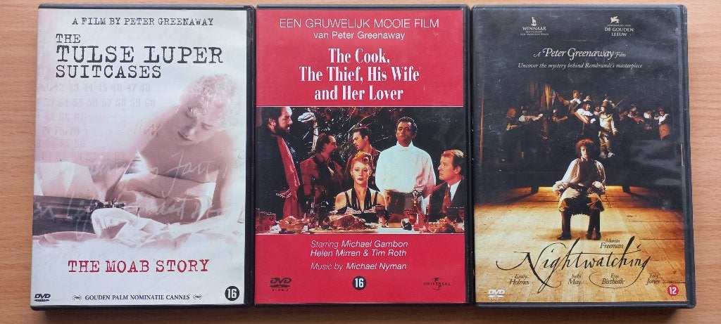 3x Peter Greenaway o.a. Tulse luper suitcases, Cook, thief.., Vanaf 16 jaar, Overige gebieden, Verzenden, Nederlands