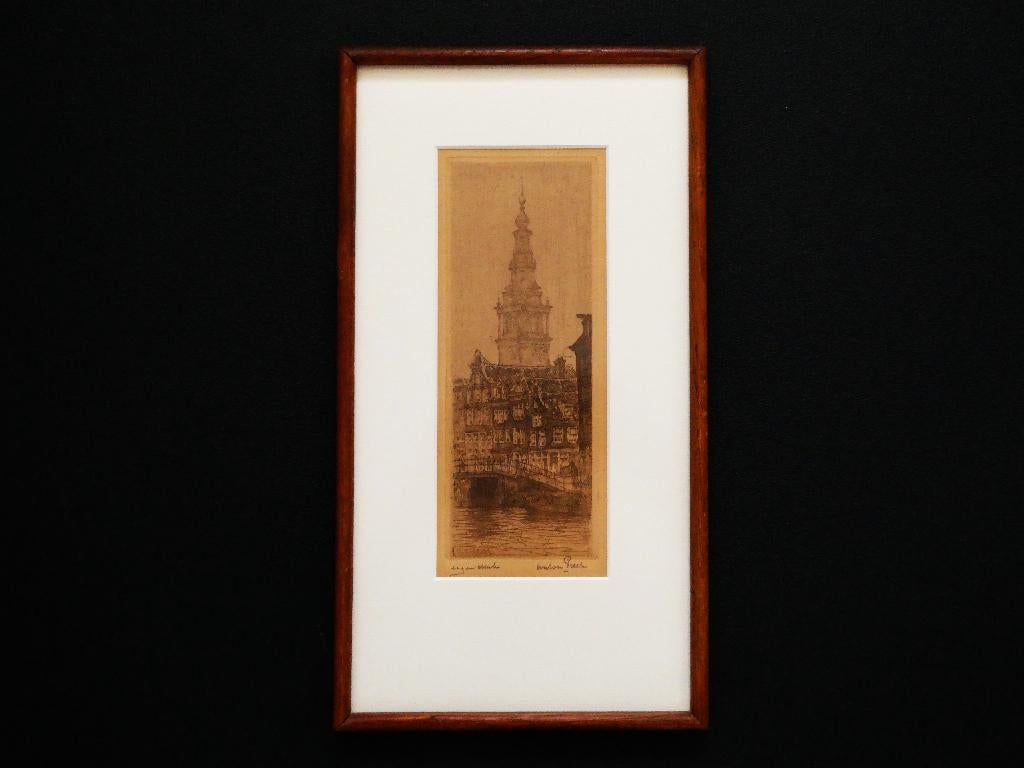 Originele ets Anton Pieck Zuiderkerktoren Amsterdam Gesign., 31 cm, Ingelijst, Ets, 1900 - 1949