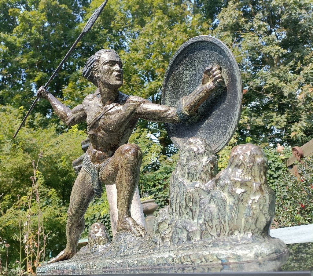 Art deco strijder van MARCEL BOURAINE samac spelter, Art deco, Gepatineerd, Beeld, Meerkleurig