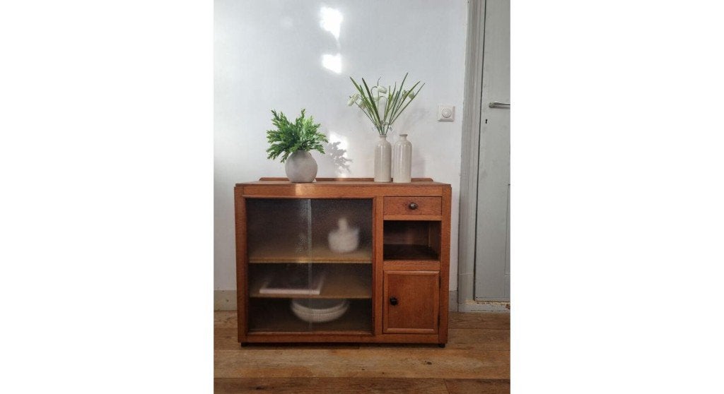 Vintage kast / dressoirtje met schuifdeuren structuurglas, Huis en Inrichting, Kasten | Dressoirs, Ophalen of Verzenden, Gebruikt
