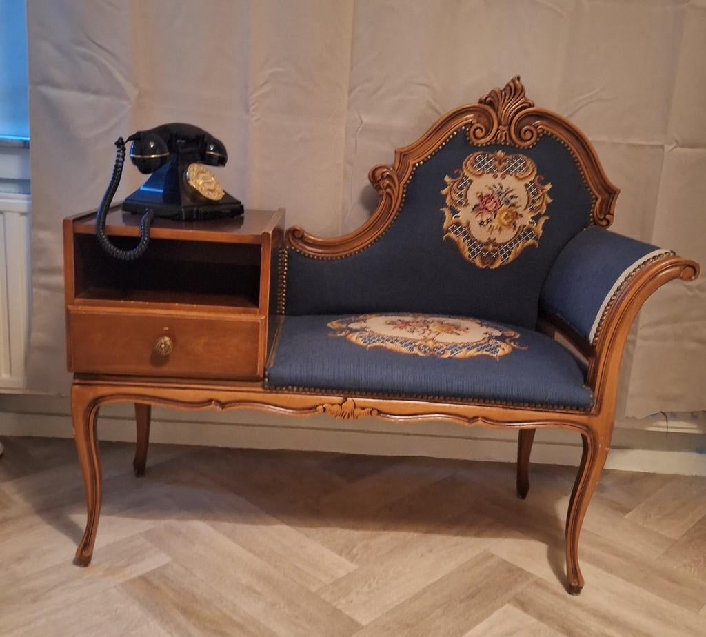 Telefoonbankje met lade en blauwe bekleding, Antiek en Kunst, Ophalen of Verzenden
