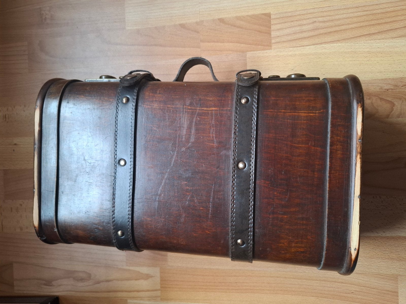 Houten koffertje met leren banden, Antiek en Kunst, Ophalen