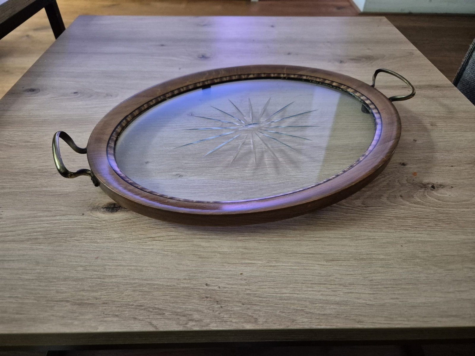 Vintage dienblad met geslepen glazen blad, Ophalen, Ovaal