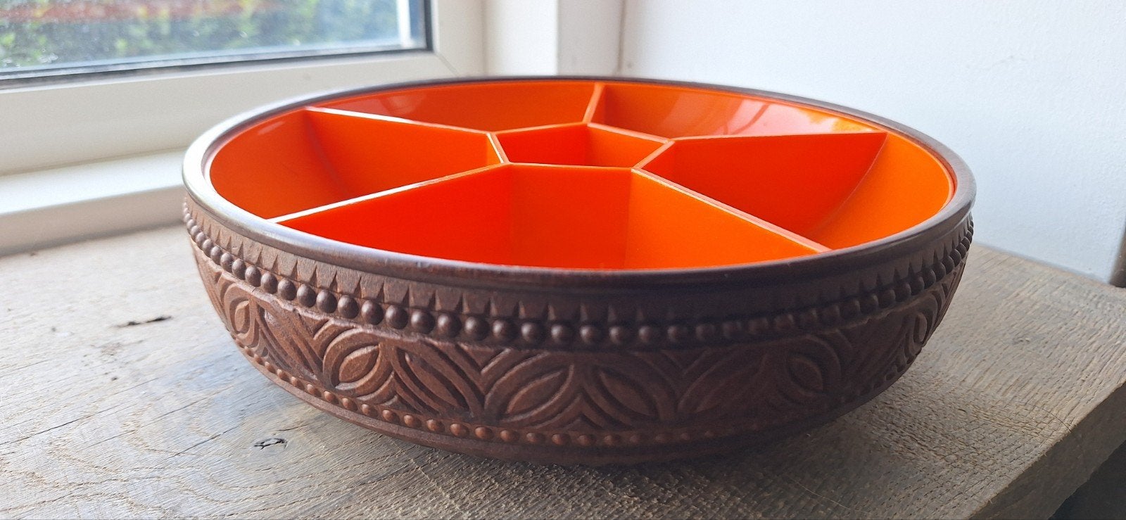 Vintage Emsa serveerschaal met 5 vakken zgan, oranje/bruin, Ophalen of Verzenden