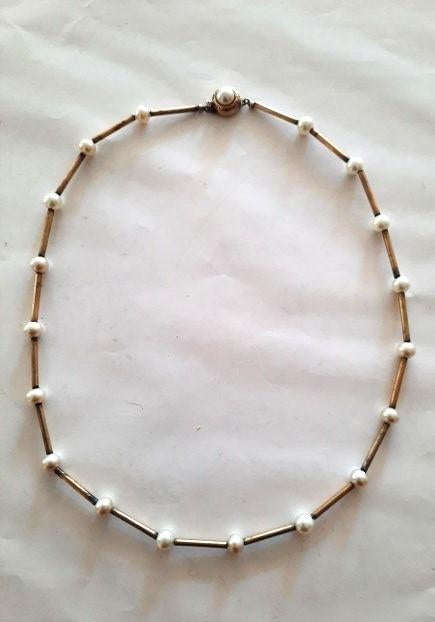 Prachtige Vintage Parelketting, 835 zilver, verguld. 54 cm, Ophalen, Gebruikt, Goud, Zilver