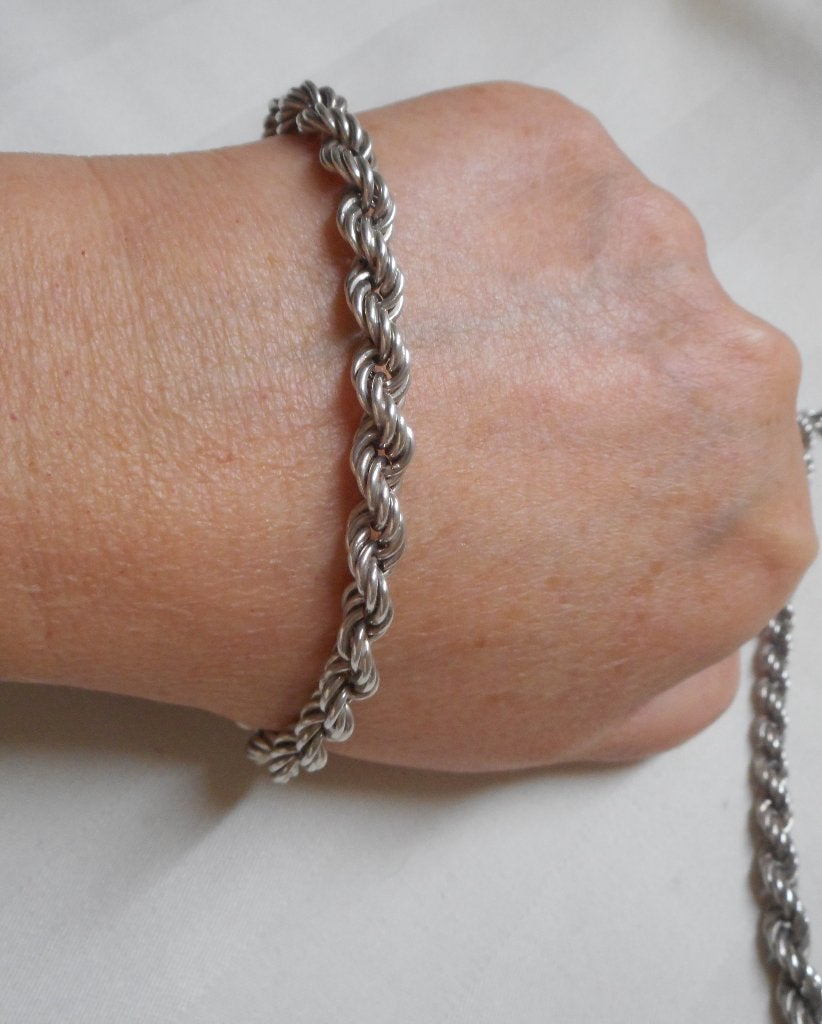 Zilveren vintage set Rope ketting met armband nr.1494, Verzenden, Zo goed als nieuw, Zilver, Zilver