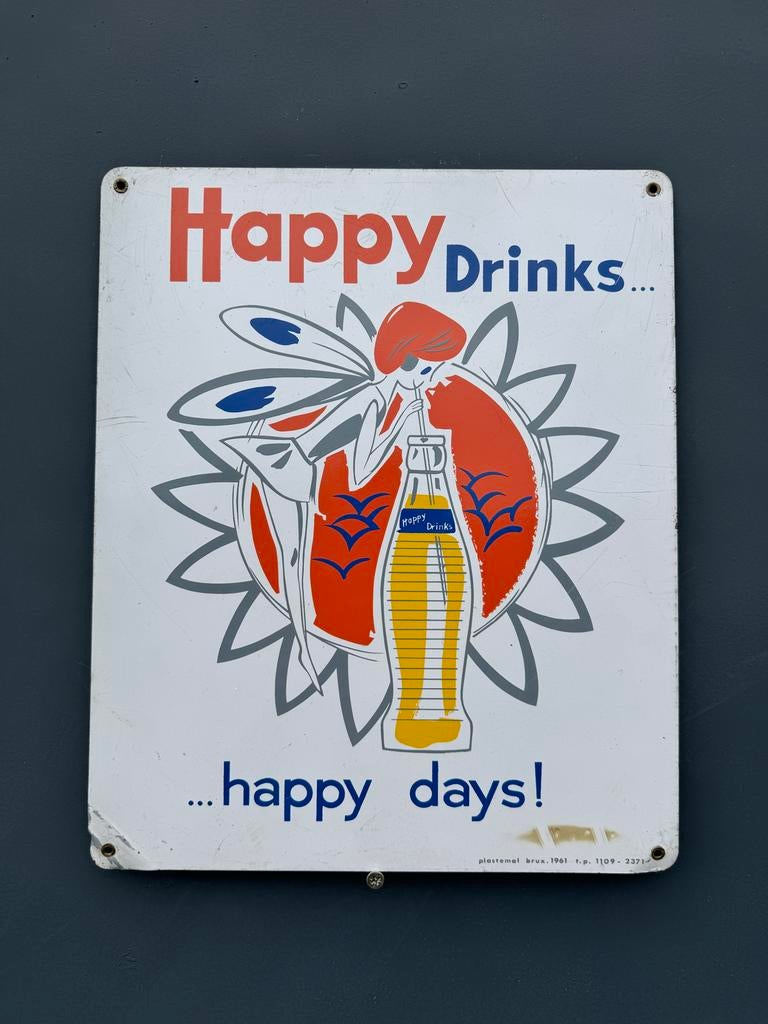 Vintage Happy Drinks Reclamebord - Happy Days!, Reclamebord, Gebruikt, ., Ophalen of Verzenden