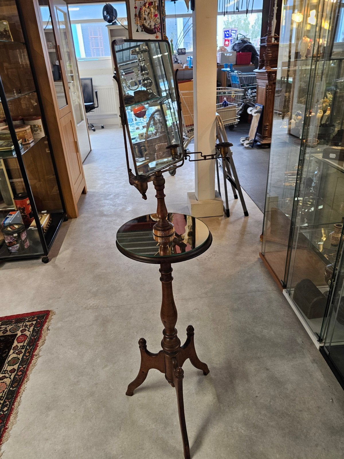 Antieke scheerspiegel op standaard, in hoogte verstelbaar, Ophalen of Verzenden, Rechthoekig, Minder dan 50 cm, 100 tot 150 cm