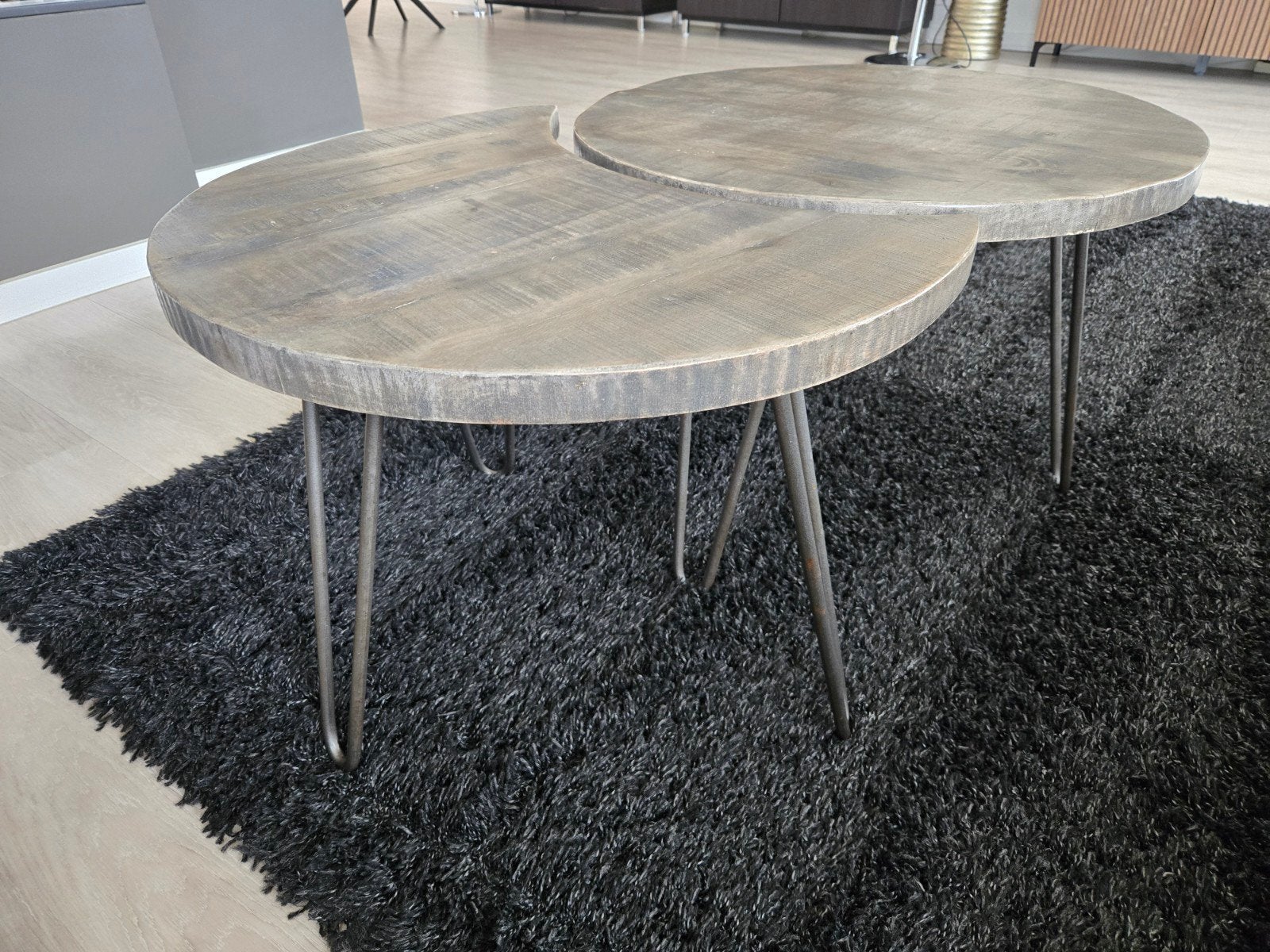 2 salontafels bruin grijs mango hout, Huis en Inrichting, Tafels | Salontafels, Ophalen, 50 tot 100 cm, Rond, 50 tot 100 cm