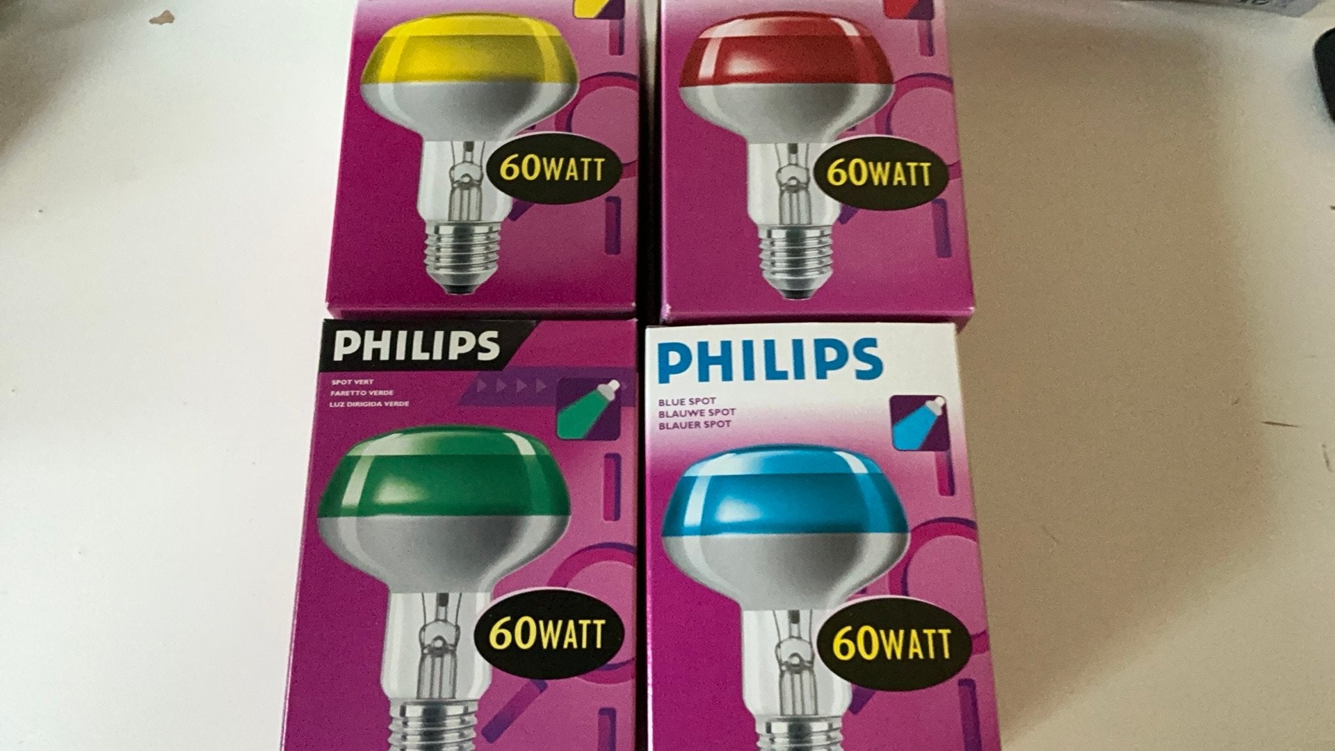 Philips spot lamp,geel,rood,groen, blauw 60 watt E 27, Huis en Inrichting, Meerkleurig, Gloeilamp, Nieuw, Philips