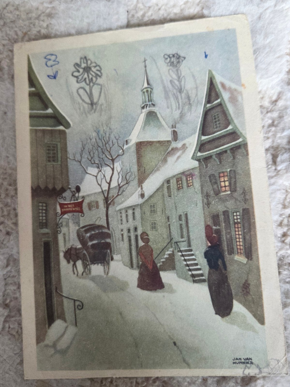 Oude kerstkaart van Jan van Hunnik - Wintertafereel, Verzenden, 1920 tot 1940, Gelopen, Stad of Dorp