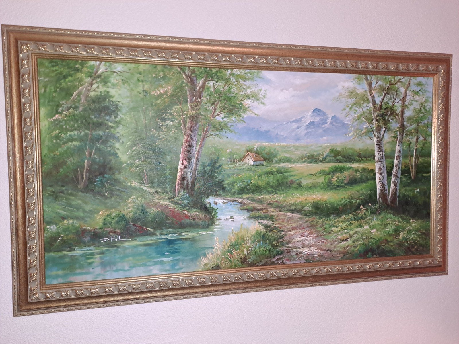 Schilderij: Berglandschap met rivier en huisje, gesigneerd, Ophalen