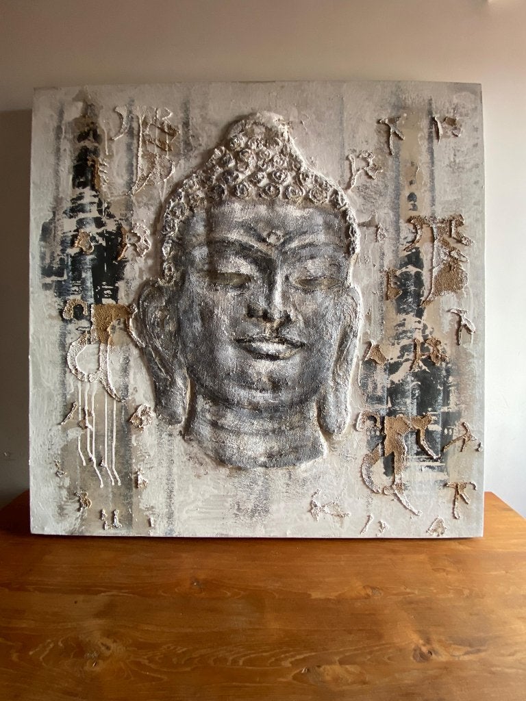 Boeddha schilderij (3D / reliëf print), grijs/goud, Huis en Inrichting, Ophalen, Zo goed als nieuw