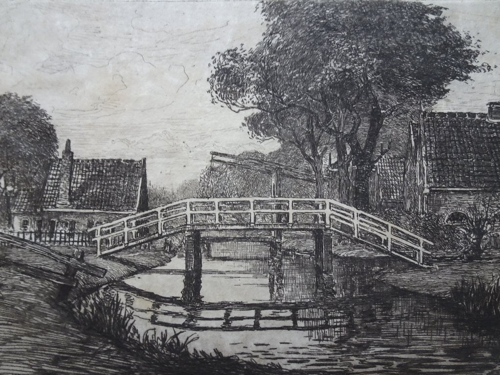 Ets dorpsgezicht loopbrug en ophaalbrug, P. Matthes jaren 30, Antiek en Kunst, Ets, Stadsgezicht, Ophalen of Verzenden, Origineel