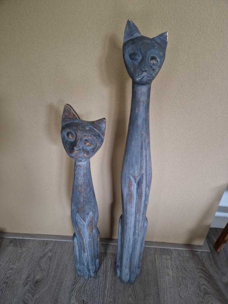 Grote houten katten beelden, Verzamelen, Beelden en Beeldjes, Ophalen of Verzenden, Gebruikt, Dier