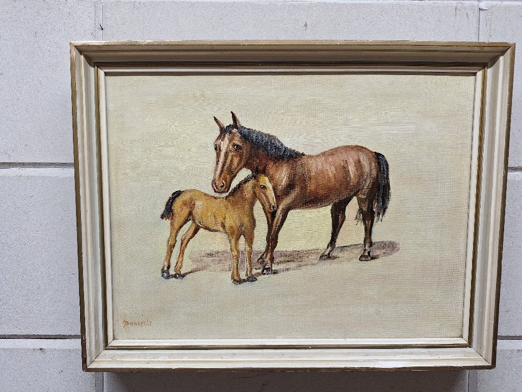 Schilderij van paard met veulen, gesigneerd, Antiek en Kunst, Doek, Realistisch, Dieren, Ophalen of Verzenden