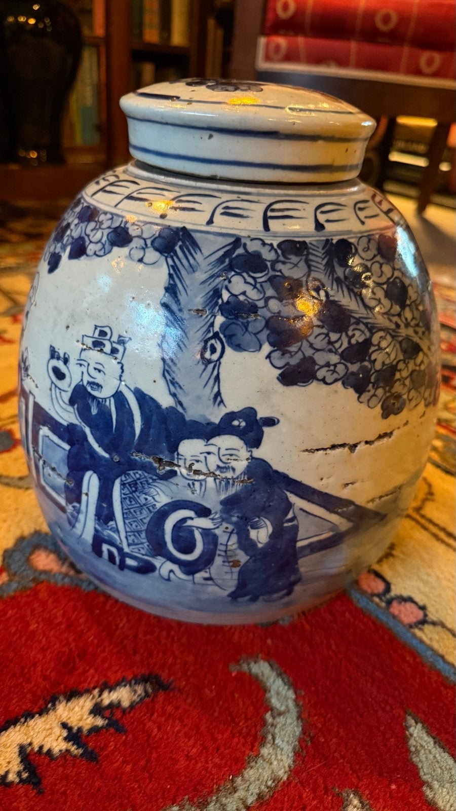 Antieke Chinese Gemberpot met Blauw-Witte Decoratie, Ophalen