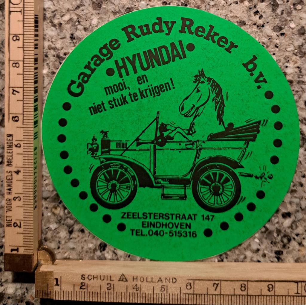 Vintage sticker Hyundai garage Rudy Reeker Eindhoven stripVi, Ophalen of Verzenden, Zo goed als nieuw