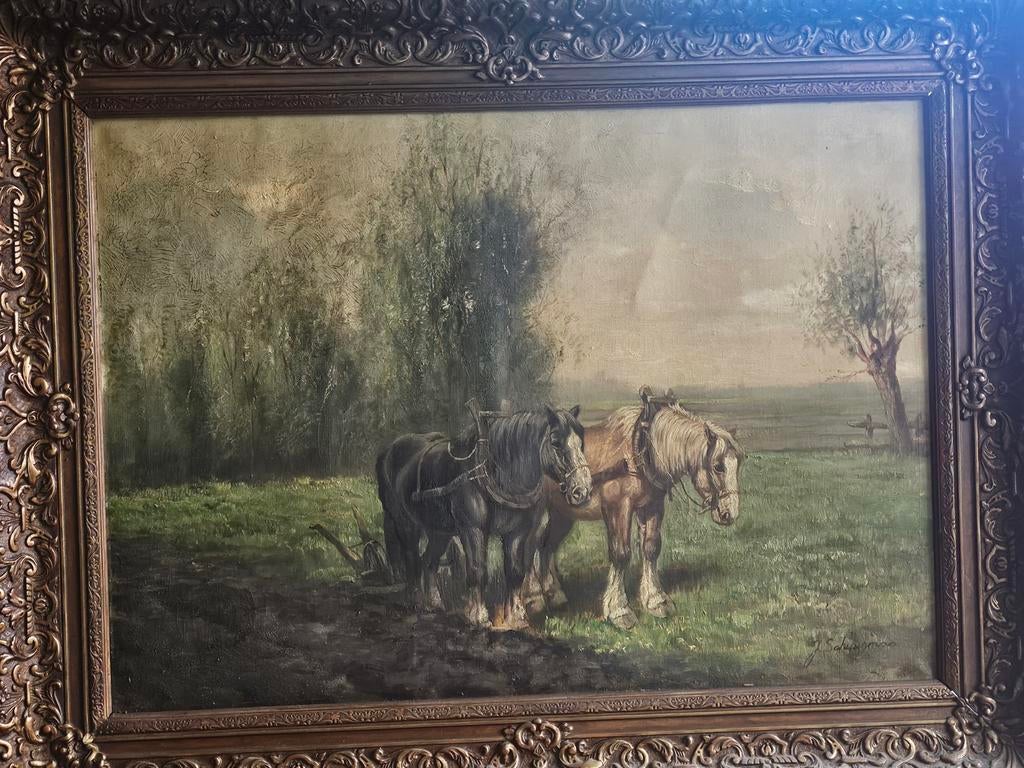 19e eeuws schilderij met paarden van J. Schuurman, Antiek en Kunst, Kunst | Schilderijen | Klassiek, Ophalen