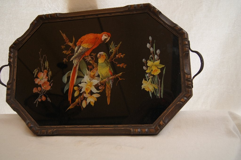 Decoratief dienblad met papegaaien en bloemen, Overige typen, Ophalen of Verzenden, 20 - 50 cm, Hout