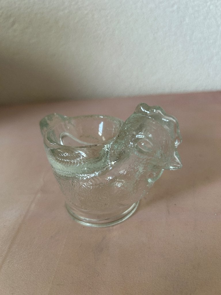 Vintage glazen eierdopjes kip en haan set persglas, Ophalen of Verzenden