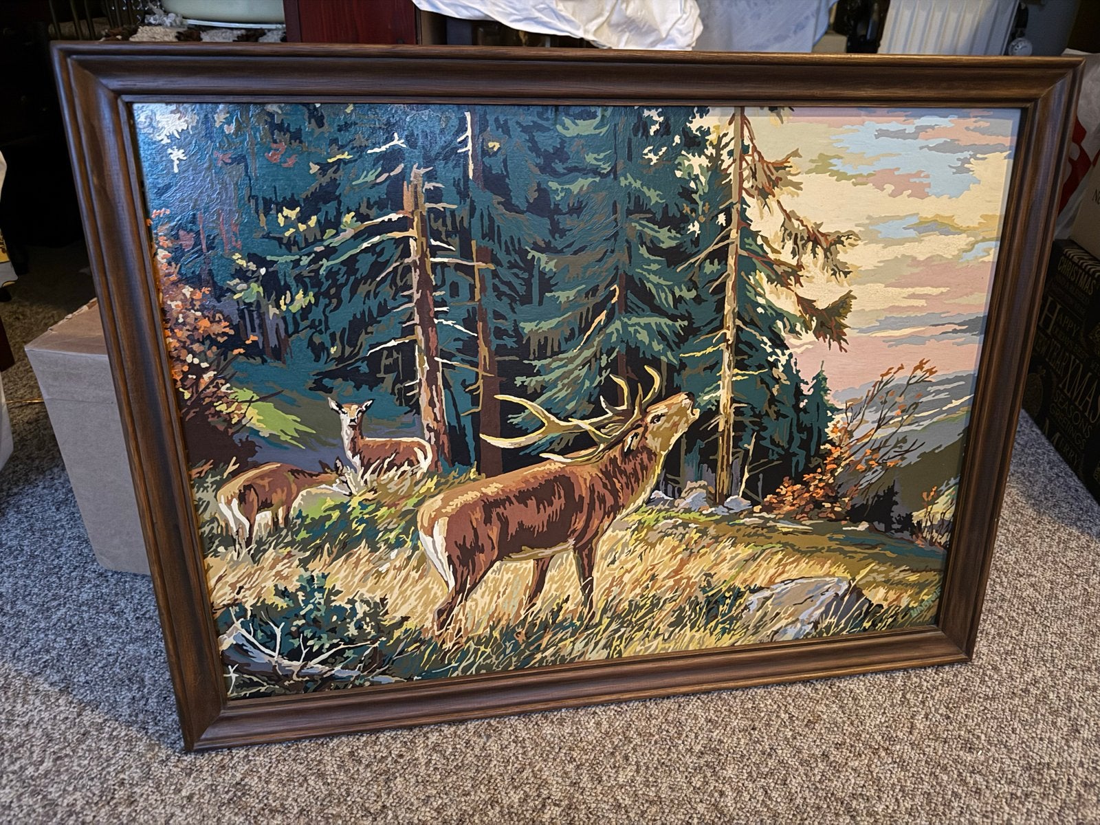 Vintage Schilderij Herten in Bos - Paint by Number Stijl, Ophalen, Doek, Dieren, Handgeschilderd