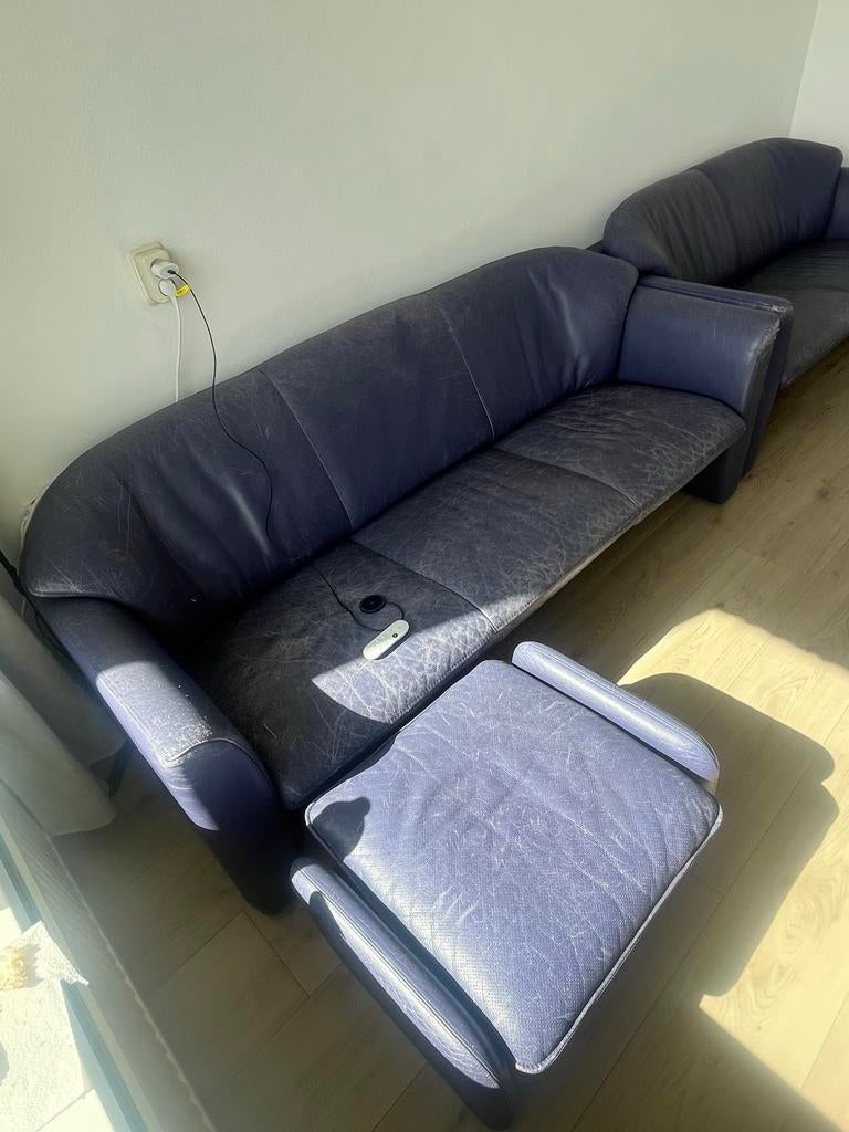 Leolux leren zitmeubelset: 3-zits, 2-zits, fauteuil + 2 voet, Ophalen, Gebruikt, 125 cm of meer, Leer