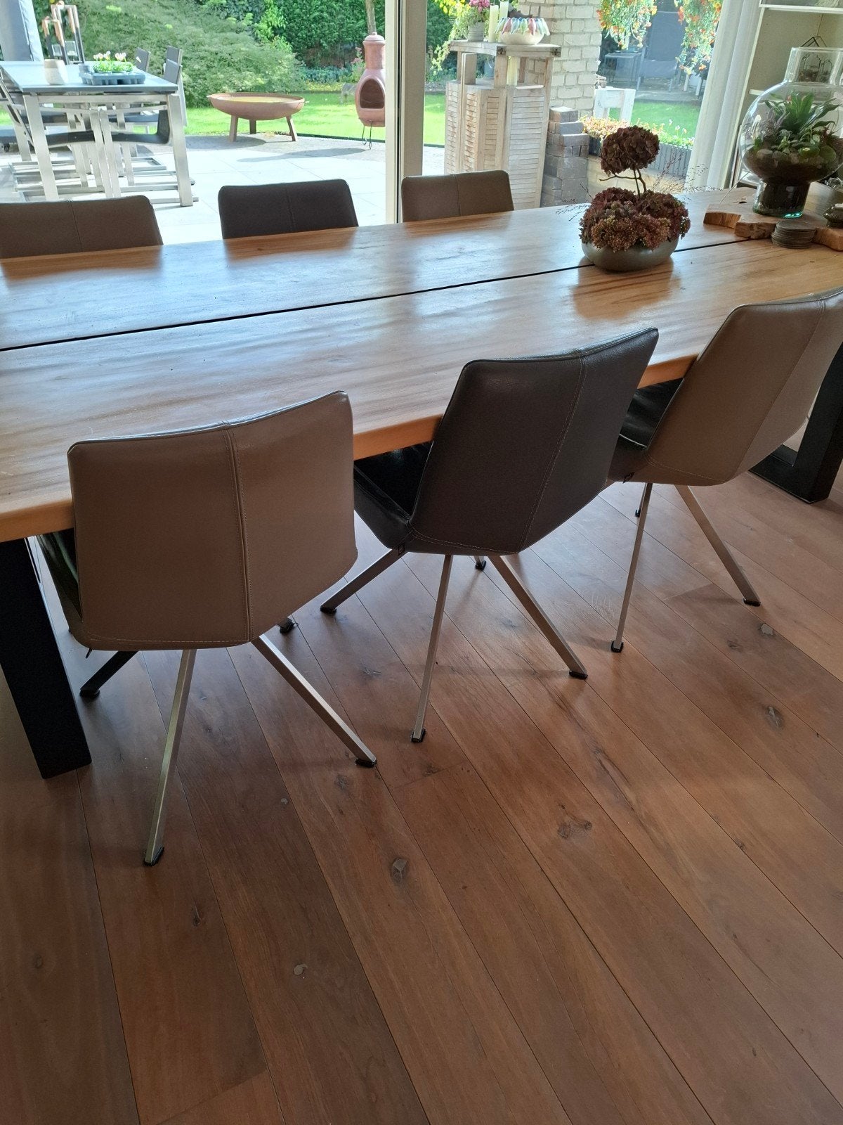 6 H&H Eetkamerstoelen (Leer, 4 taupe en 2 antraciet, Ophalen, Gebruikt, Vijf, Zes of meer stoelen, Leer