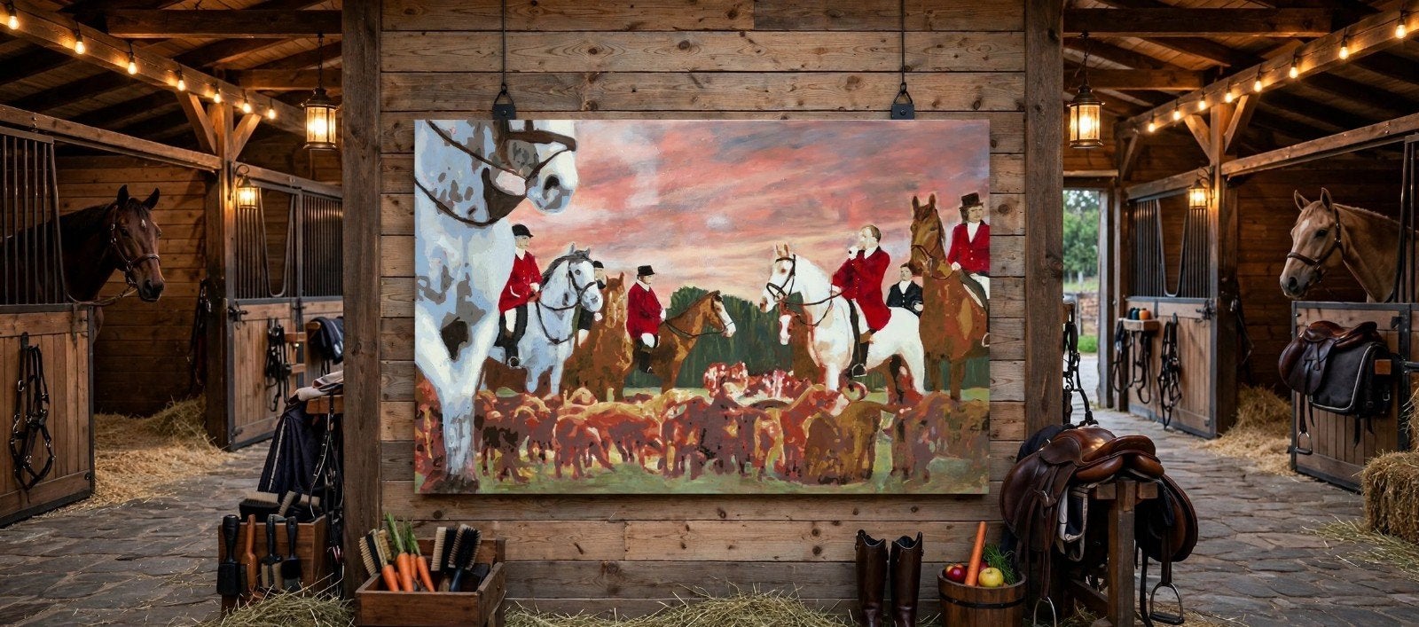 Groot Jachttafereel Schilderij - 150x100cm, Ophalen, Doek, Dieren, Olieverf