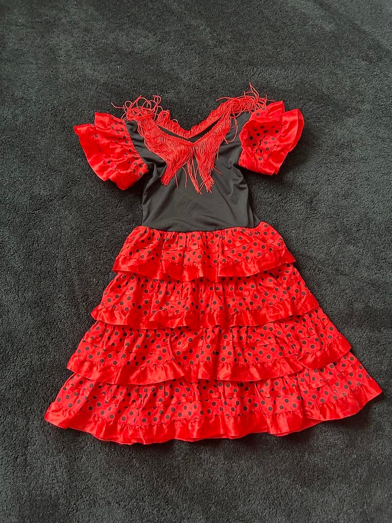 Spaanse Flamenco jurk rood met zwarte stippen - Maat 4, Kinderen en Baby's, Kinderkleding | Maat 104, Zo goed als nieuw, Meisje