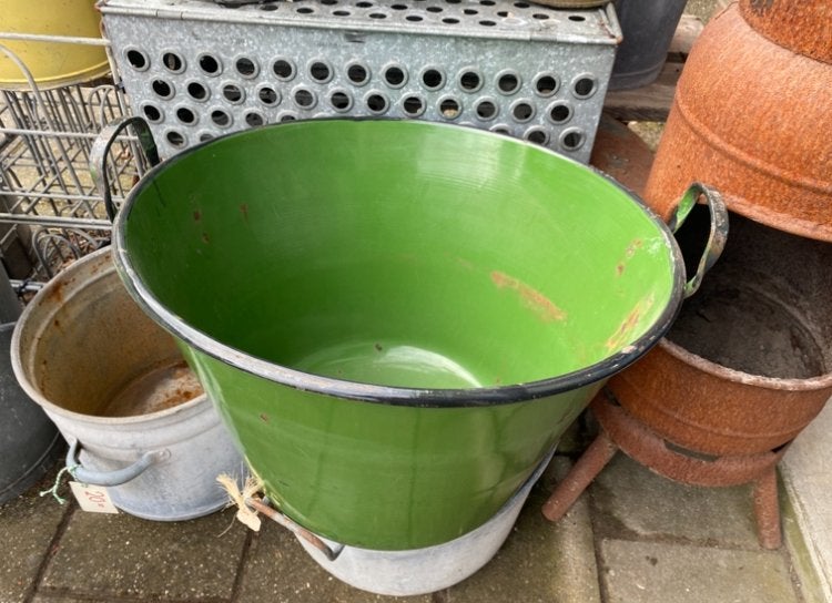 Groen emaille goulash pan uit  Hongarije, Antiek en Kunst, Ophalen