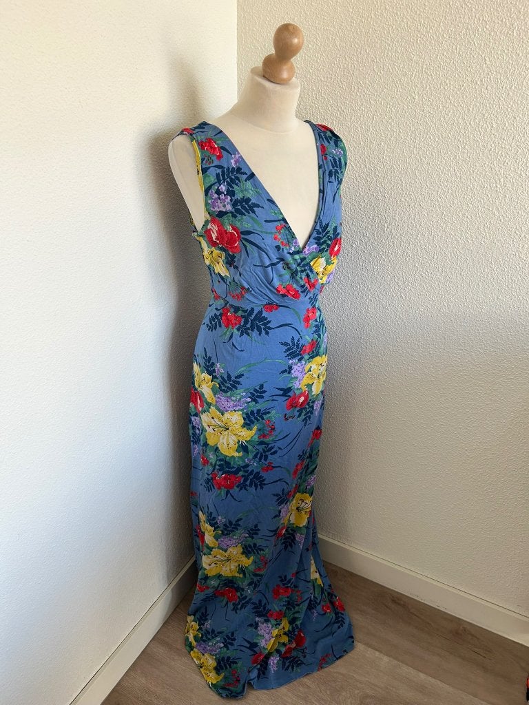 King Louie maat XL maxi blauwe bloemen jurk 3055, Blauw, Maat 46/48 (XL) of groter, Ophalen of Verzenden, Zo goed als nieuw