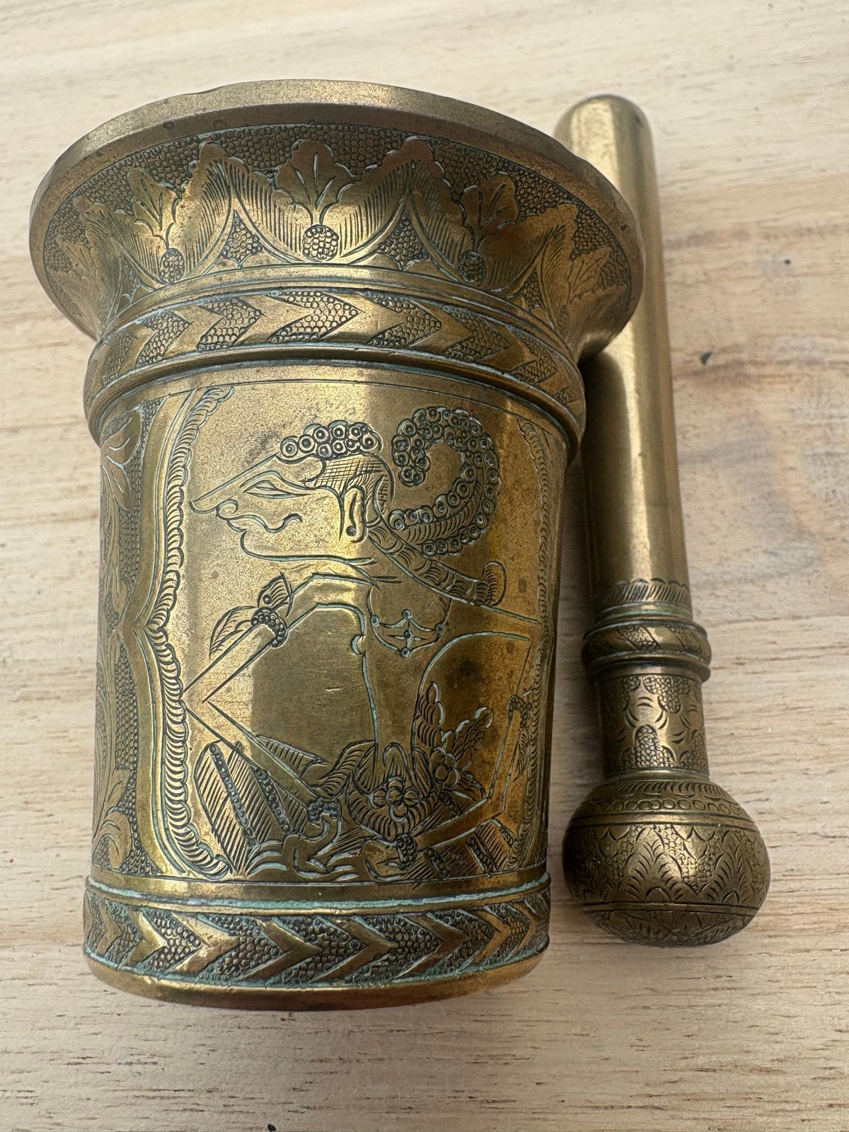 Antieke Bronzen Vijzel met Oosterse Graveringen, Ophalen of Verzenden, Brons