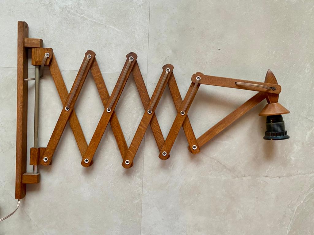 Vintage teakhouten schaarlamp, Ophalen of Verzenden, Zo goed als nieuw