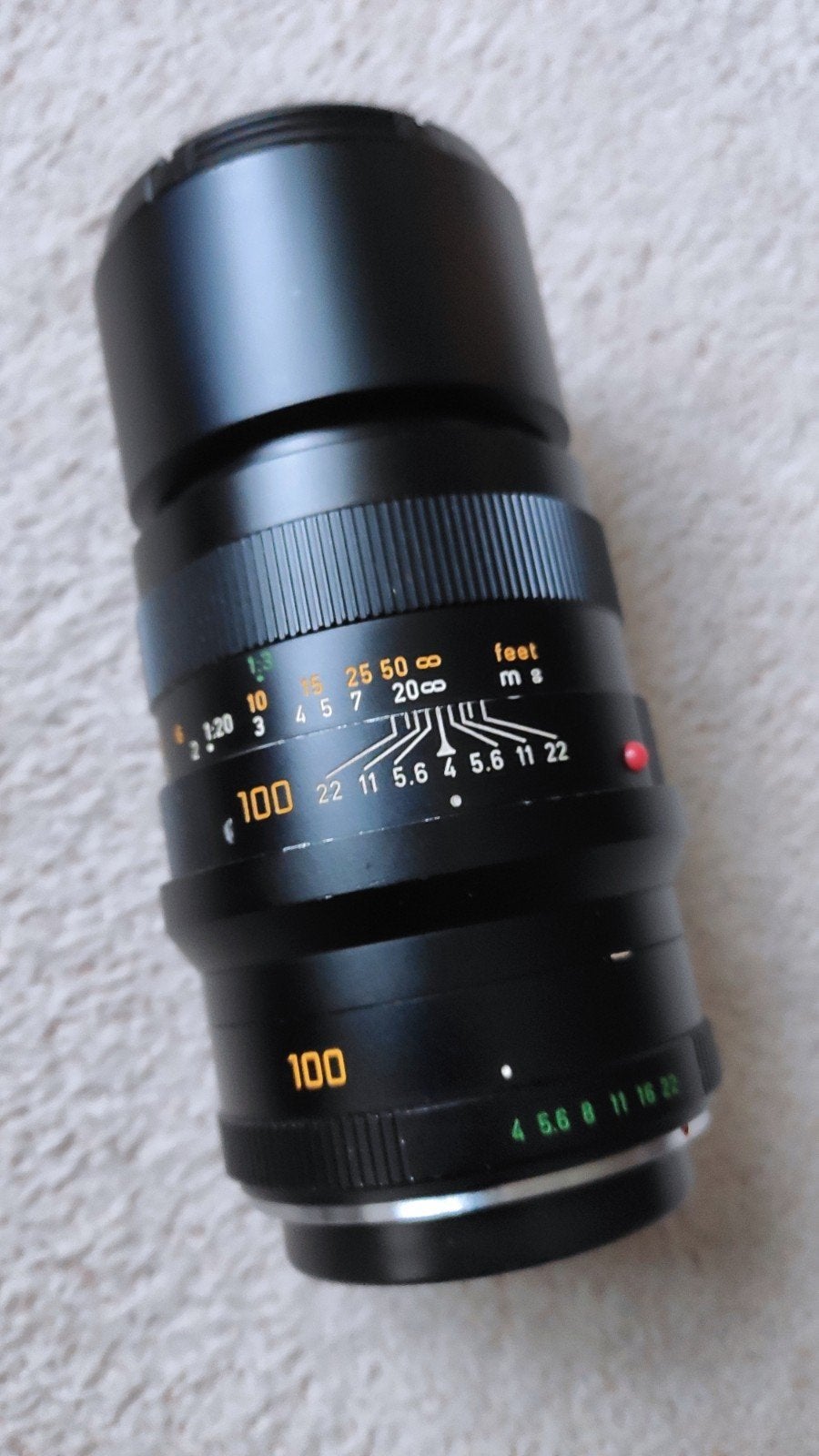 Leitz Leica 100mm macrolens MACRO-ELMAR-R 1:4/100 + adapter, Gebruikt, Ophalen of Verzenden, Lensdoppen, Macrolens