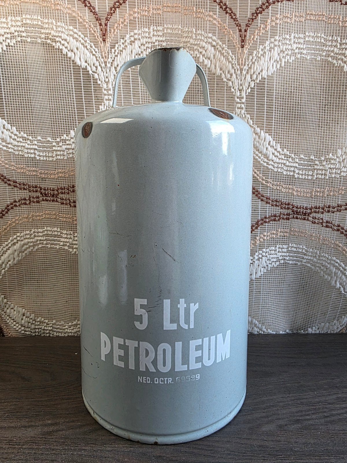 Vintage emaille grijze petroleumkan 5 liter kan, Ophalen of Verzenden
