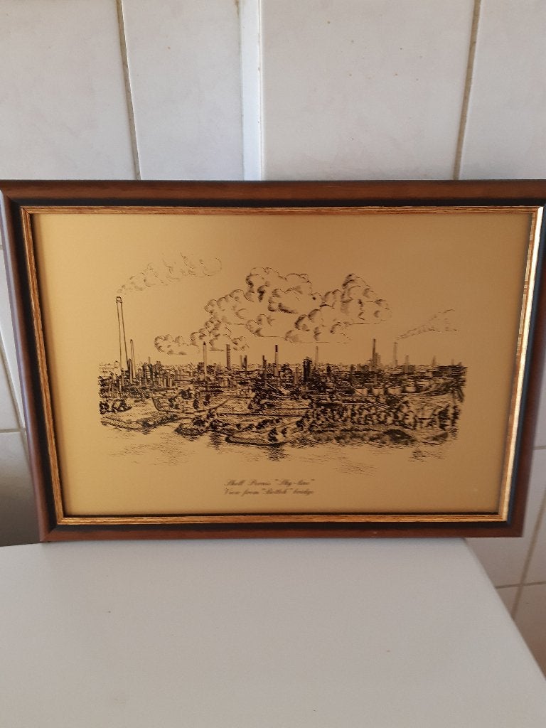 Vintage Goudfolie Prent – Shell Pernis "Sky-line", 30 cm, 1950 - 1999, Stadsgezicht, 42 cm