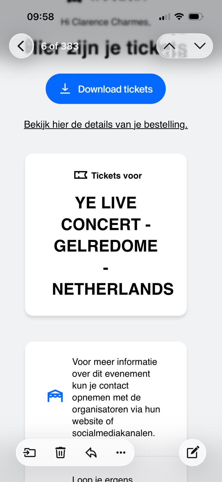 Concert Ye,kan helaas zelf niet gaan., Tickets en Kaartjes, Eén persoon
