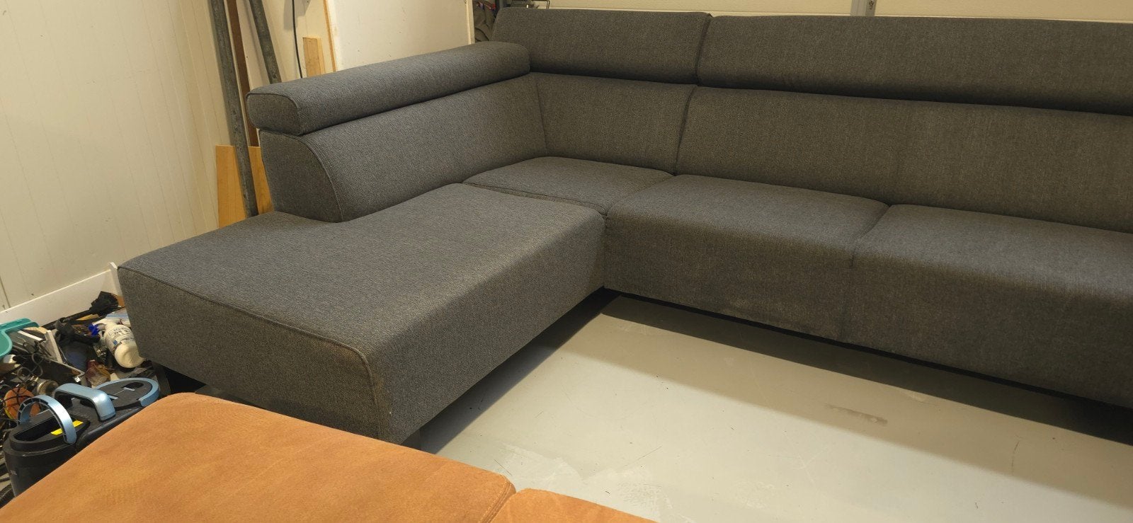 Grote U-bank Pronto grijs, professioneel gereinigd, Hout, Gebruikt, 300 cm of meer, Ophalen of Verzenden